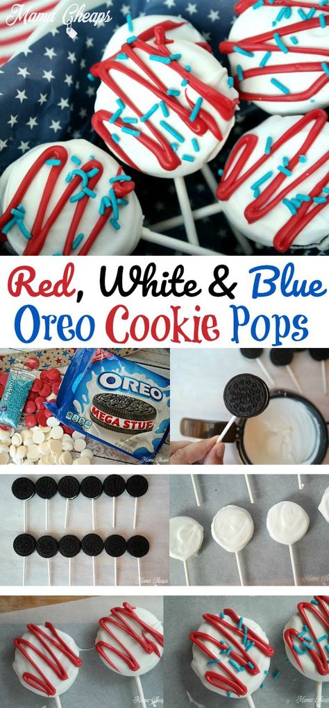 American Flag Oreo Cookie Pops - fun dessert idea!! Patriotic Cakes, Oreo Cookie Pops, 4th Of July Bbq, Pineapple Bowl, July Desserts, Fun Dessert, Patriotic Desserts, 4th Of July Cake, 4th Of July Desserts