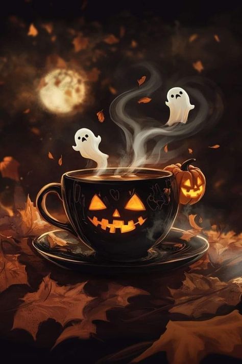 Spooky Coffee Wallpaper, Halloween Coffee Wallpaper, Halloween Legends, Halloween Imagem, Spooky Coffee, Happy Halloween Pictures, Halloween Wallpaper Backgrounds, Halloween Wallpaper Cute, Hello October