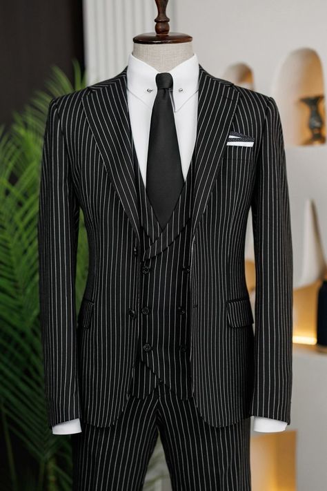 Black Suit With Stripes Men, Striped Suits Men, 3 Piece Suit Men, Bow Tie Suit, Modern Fit Suit, Suit Styles, Suit Stores, Black Suit Men, Business Conference