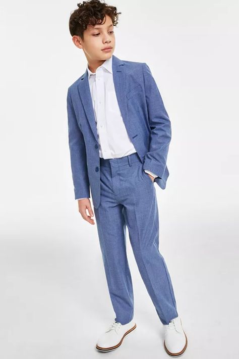 He'll love the dapper dressed-up look of this two-piece suit set, featuring a subtly textured, two-button jacket and coordinating dress pants, a perfect suit set for any occasion. #boy #suitset #single_breasted #party_wear Formal Outfit For Teens, Shirt And Tie Outfits, Boys Dressing Style, Wedding Outfit For Boys, Tie Outfit, Body Con Dress Outfit, Dressy Casual Outfits, 70’s Fashion