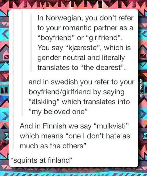 In Norwegian and Danish you don't refer to your Romaric partner as a "boyfriend" or "girlfriend" you say "Kjæreste", which is gender neutral and literally translates to "the dearest" In Swedish you refer to your boyfriend/girlfriend by saying "ålskling@ which translates into "my beloved one"  In Finnish they say "mulkvisti" which means "one I don't hate as much as the other" got a love it Tumblr Posts, Tumblr Funny, Bones Funny, Funny Posts, Writing Prompts, Really Funny, Finland, Random Stuff, Funny Jokes