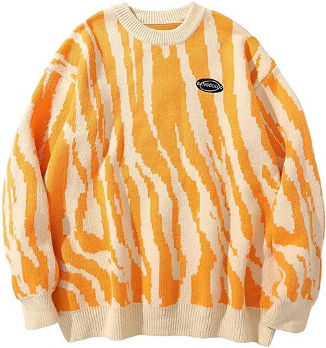 Aelfric Eden Mens Color Patchwork Oversized Sweater Knit Jumper Pullover Unisex Blue Flame Long Sleeve Casual Sweaters at Amazon Women’s Clothing store Streetwear Mode, Retro Sweater, Y2k Sweater, Zebra Pattern, Graphic Sweaters, Casual Sweater, Retro Pattern, Pattern Sweater, Style Streetwear