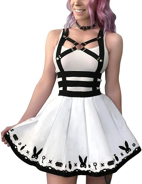 Overall Skirt, Monochromatic Color Scheme, Kawaii Dress, Cotton Romper, Tie Styles, Goth Outfits, Black And White Design, Romper With Skirt, Skirt Set