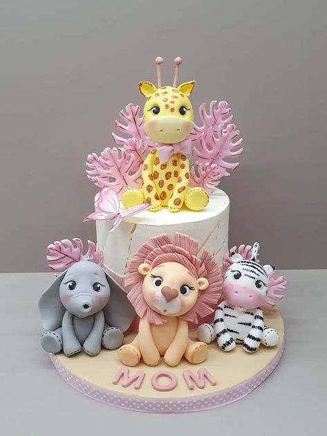 Pink Wild One Cake, Bolo Fake Safari, Cartoon Birthday Cake, Giraffe Party, Animals Cake, Pink Safari, Happy Anniversary Cakes, Animal Birthday Cakes, Unique Birthday Cakes