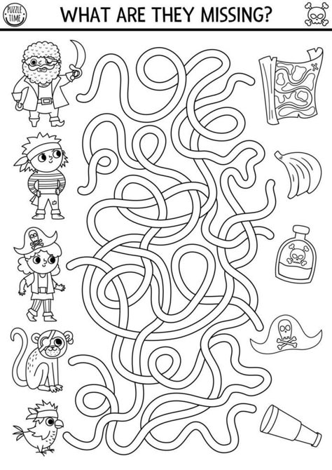 Pirate black and white maze for kids. Treasure hunt preschool printable activity with cute pirates, animals and their things. Sea adventures coloring labyrinth. What is missing worksheet Pirate Themed Worksheets, Pirate Kids Activities, Pirate Worksheets Preschool, Pirates Activities For Kids, Pirates Activities Preschool, Kids Activities Printable, Treasure Hunt Preschool, Labyrinth Printable, Maze Activities For Kids