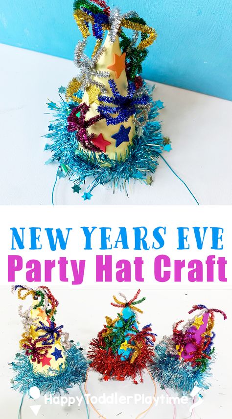 New Year's Eve Party Hat Craft For Kids - Happy Toddler Playtime New Year's Eve Arts And Crafts, Nye Arts And Crafts For Toddlers, News Years Crafts For Toddlers, Happy New Year Sunday School Craft, Diy Kids New Years Eve Party, Diy Nye Hats For Kids, New Years Day Crafts For Preschool, New Year New Me Crafts For Kids, New Years Hats Diy