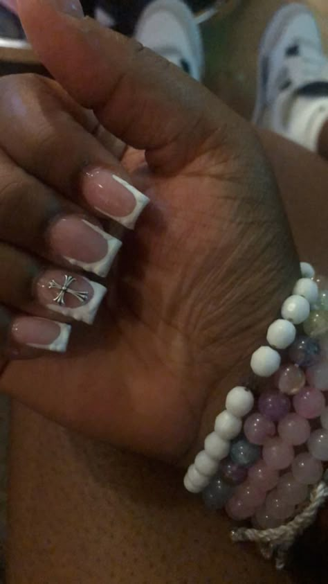 French Tip Acrylic Nails With Cross, Short Nail Designs With Cross, Short Acrylic Nails With Cross, French Tip Nails With Cross Charm, Cross Charm Nails Acrylic, Short French Tip Acrylic Nails With Charms, Short Nails With Cross Charm, French Tip With Cross Charm, Short Nails With Cross