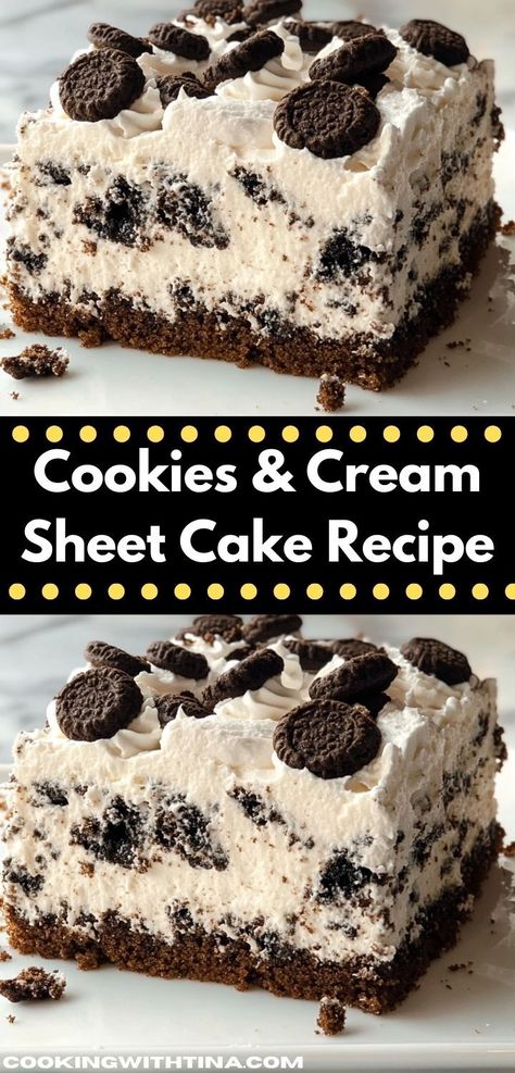 Looking for a delightful dessert that pleases everyone? This Cookies & Cream Sheet Cake Recipe is a crowd-pleaser, featuring rich chocolate and creamy layers. It's perfect for family gatherings or celebrations. Cookies And Cream Cookie Cake, Cookies And Cream Dump Cake, Oreo Sheet Cake Recipe, Homemade Birthday Cake For Boyfriend, 9x13 Cake Recipes, Oreo Cake Recipe, Chocolate Sheet Cake Recipe, Cream Desserts Recipes, Slab Cake