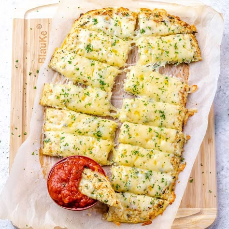 Cheesy Cauliflower “Breadsticks” Cauliflower Breadsticks, Cheesy Breadsticks, Cheesy Cauliflower, Clean Food Crush, Food Crush, Cheesy Recipes, Clean Food, Breadsticks, Keto Bread