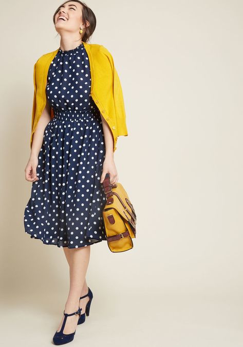 Dot Dress Outfit, Polka Dot Dress Outfit, Maxi Dress Outfit Fall, Dots Outfit, Dress And Sneakers Outfit, Blue Polka Dot Dress, Polka Dots Outfit, Maxi Dress Outfit, Yellow Cardigan