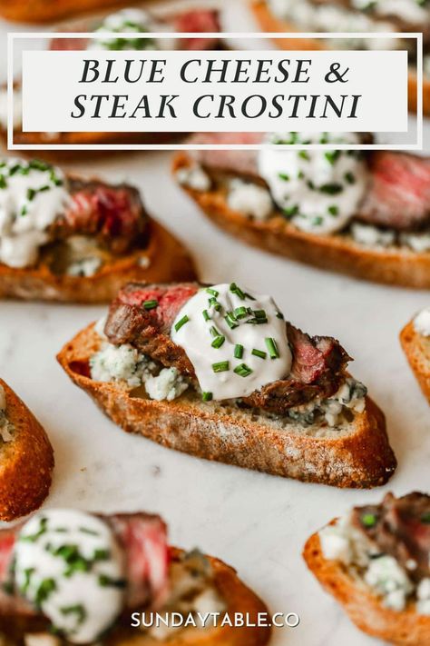 I absolutely love these steak crostini with blue cheese and garlic sauce! They have crispy, olive oil-coated crackers, tender top sirloin steak, crumbly blue cheese, a lemony garlic sauce, & fresh chives. So good! You can make this easy steak appetizer for a party or holidays like Thanksgiving and Christmas. Or, switch up the ingredients - make them with Boursin cheese, goat cheese, horseradish sauce, caramelized onions, or chimichurri. Your guests will love this simple fall & winter appetizer! Steak Sandwich Blue Cheese, Steak And Blue Cheese Crostini, Blue Cheese Steak Crostini, Sirloin Steak Appetizers, Steak Crostini Appetizers, Tenderloin Appetizer, Cheese Garlic Sauce, Bleu Cheese Recipes, Blue Cheese Sandwich