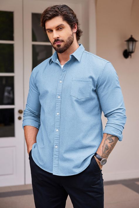 This men's shirt is made of denim and cotton fabrics, and it has a sophisticated and graceful look. The denim fabric gives it a timeless and versatile look, which is a great addition to your wardrobe. #men #denim #shirt #sky_blue #solid Jeans Shirt For Men, Light Blue Denim Shirt Outfit Men, Casual Unstructured Denim Blue Shirt, Sky Blue Shirt Outfit Men, Casual Slim Fit Denim Blue Shirt, Slim Fit Denim Blue Casual Shirt, Blue Shirt Outfit Men, Blue Unstructured Denim Shirt, Wardrobe Men