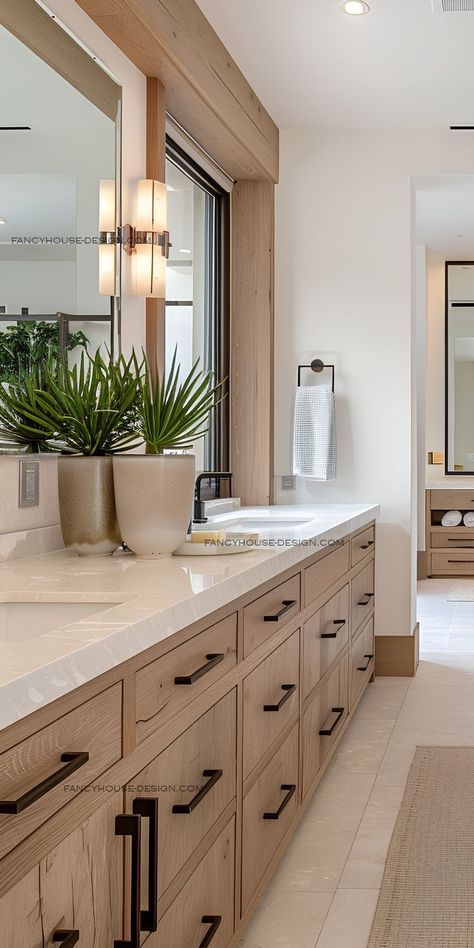 Modern Farm Master Bath, Spa Ensuite Master Bath, Modern Natural Master Bath, Powder Bathroom Interior Design, Natural Wood Double Vanity Master Bath, Guest Bathroom Double Vanity, Modern Natural Bathroom Design, Extra Long Vanity With Two Sinks, 9x8 Bathroom Layout