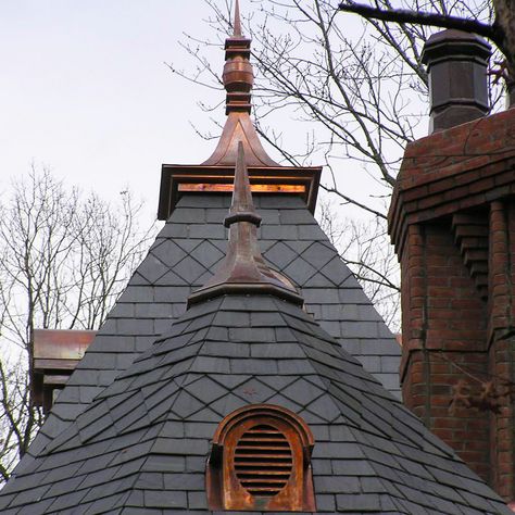 Copper Metal Roof, Metal Roof Panels, Chimney Pots, Copper Gutters, Chimney Cap, Copper Roof, Slate Roof, Copper Accents, Exterior Ideas