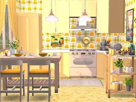 here is a bright yellow retro kitchen for your Sims
the room has a size of 4 x 4

short walls are used Mint Living Rooms, Sunny Kitchen, Sims 4 Kitchen, Yellow Room, Retro Diner, Yellow Living Room, Bright Living Room, Yellow Decor, Retro Interior