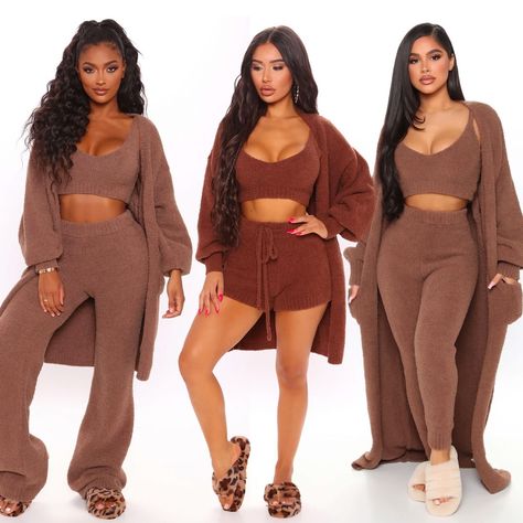 FashionNova.com on Instagram: “Mocha Babes 🤎🍫⁠ Search: "Living In It Cozy 3 Piece Pant Set"⁠ Search: "Living In It Cozy 3 Piece Set"⁠ Search: "Living In It 3 Piece…” Fuzzy Outfit Set, Black Woman Loungewear, Lounge Wear Black Women, Fuzzy Lounge Set, Feminine Era, Winter Pjs, Creative Shoot, Cosy Outfit, Streetwear Chic