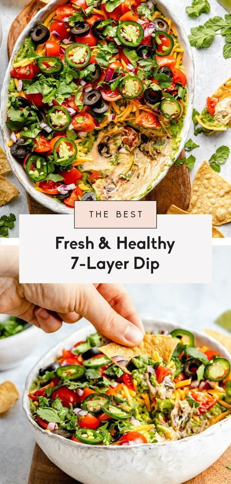 Healthy Bean Dip, Layered Bean Dip Recipe, Healthy Potluck, Healthy Dip Recipes, Layered Bean Dip, Layered Taco Dip, Taco Dip Recipe, Layered Dip Recipes, 7 Layer Dip