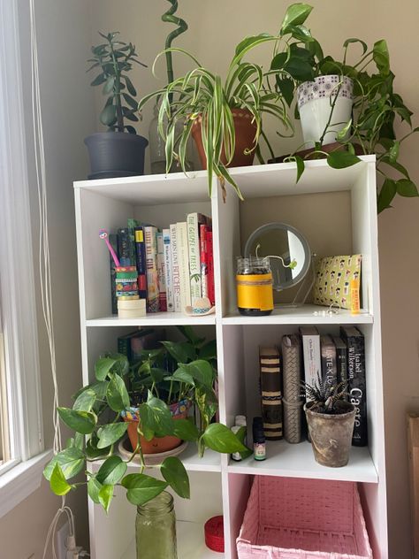 Minimalist Bookshelf Bedroom, Square Bookshelf Styling, Aesthetic Cube Shelves, Cube Shelf Decor Bedroom Aesthetic, Square Shelf Decor, Cube Organizer Decor, Cube Shelf Ideas, Cube Shelf Decor, Bedroom Bookshelves