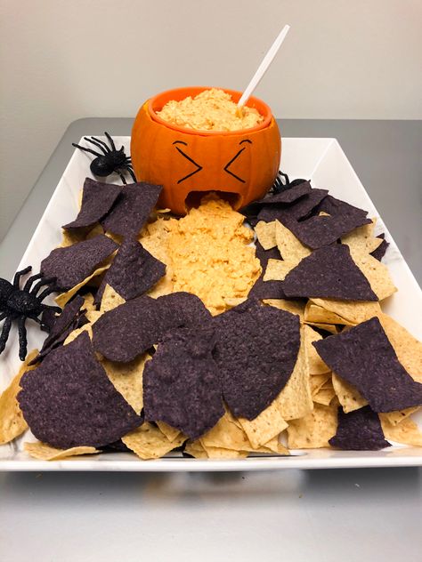 Buffalo Chicken Dip Halloween Ideas, Halloween Buffalo Dip, Pumpkin Buffalo Chicken Dip, Halloween Chip And Dip Ideas, Spooky Buffalo Chicken Dip, Buffalo Chicken Dip Halloween, Pumpkin Throwing Up Dip, Puking Pumpkin Dip, Halloween Buffalo Chicken Dip