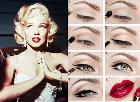 Marline Monroe Makeup, Merlin Monroe Make Up Tutorial, 50s Makeup Vintage, How To Do Marilyn Monroe Makeup, Marilyn Eye Makeup, Marilyn Monroe Inspired Makeup, Marilyn Monroe's Makeup, Marylin Monroe Eye Makeup, Marlyne Monro Make Up Tutorial