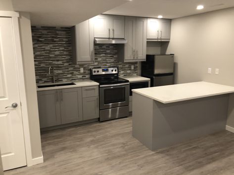 Legal Basement Suite Kitchen Finished Basement With Kitchenette, Basement Suite Kitchen, Small Basement Kitchen Ideas, Small Basement Kitchen, Basement Suite, Basement Living, Basement Finishing, Basement Reno, Basement Living Rooms