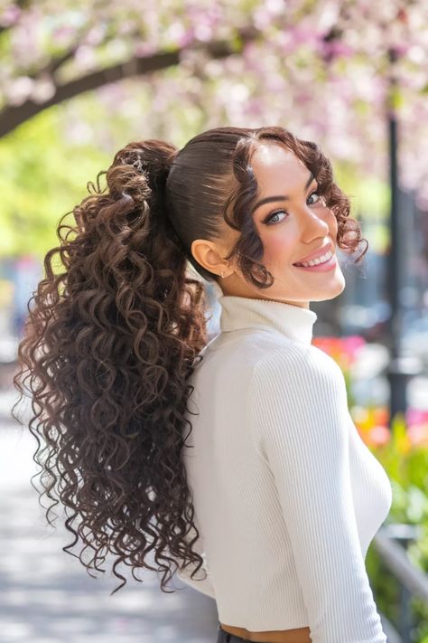 Elevate your style with this stunning ponytail that showcases beautiful curly hairstylesThis easy-to-create look is perfect for medium to long hairadding a baddie vibe while keeping it cute and flirty for any occasionWhether you're headed to school or enjoying a summer outingthis chic ponytail will make heads turncurlyhairstyles Curly Formal Ponytail, Ponytail Hairstyles Wavy Hair, Curly High Ponytail Natural Hair, Long Curly High Ponytail, Cute Curly Ponytail Hairstyles, Curly Hair High Ponytail, Curly High Ponytail, Curly Ponytail Hairstyles, Twisty Hairstyles