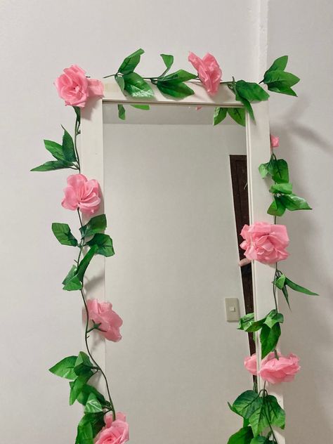 #coquette #aesthetic #softaesthetic #flowers #roomdecoration #roominspiration #mirror Aesthetic Flower Mirror, Mirror Decorating Ideas With Flowers, Mirror With Flowers Around It, Coquette Mirror, Decorating My Room, Mirror With Flowers, Coquette Decor, Rose Mirror, Dream Dorm