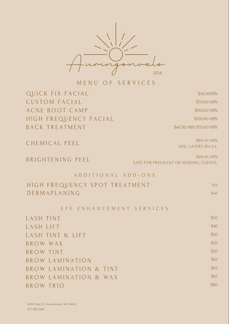 Spa Mission Statement, Esthetician Menu Ideas, Esthetic Service Menu Ideas, Esthetics Page Ideas, Service Menu Esthetician, Esthetics Service List, Service Menu Salon, Esthetician Add On Services, Esthetician Services Ideas