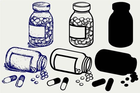 Pill bottle SVG by LineworkStock on @creativemarket Pill Drawing, Pills Drawing, Bottle Tattoo, Bottle Drawing, Pill Bottles, Medicine Bottles, Happy Pills, Art Digital, Sketchbook Art Inspiration