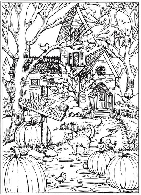 From: Creative Haven Autumn Scenes Coloring Book | Dover Publications Fall Coloring Pictures, Scene Coloring Pages, Fall Coloring Sheets, Halloween Coloring Sheets, Halloween Coloring Book, Adult Colouring Pages, Fall Coloring Pages, Printable Adult Coloring Pages, Autumn Scenes