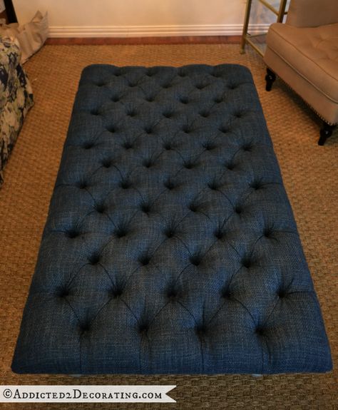 DIY Ottoman Coffee Table Part 3. Tufted top finishing details. Diy Ottoman Coffee Table, Diy Tufted Ottoman, Upholstered Ottoman Coffee Table, Tufted Ottoman Coffee Table, Ottoman Diy, Round Tufted Ottoman, Diy Ottoman, Upholstery Diy, Ottoman Coffee