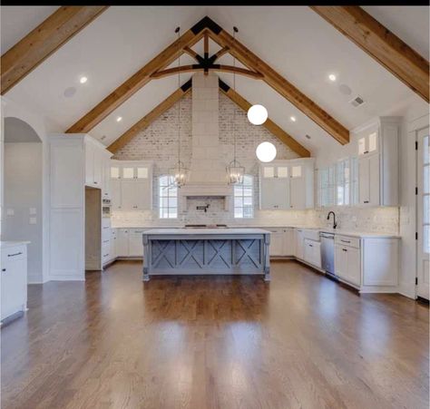 Farmhouse Vaulted Ceiling Kitchen, White Kitchen Cathedral Ceiling, Island Lighting Cathedral Ceiling, Kitchen With Cathedral Ceiling Open Floor, 14ft Vaulted Ceiling, Cathedral Ceiling Trusses, Kitchen With Gabled Ceiling, Kitchens With Vaulted Ceilings Layout, Lighting With Vaulted Ceilings