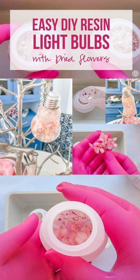 Easy DIY Resin Light Bulbs with Dried Flowers - Happily Ever After, Etc. #resinprojects #resinforbeginners #flowersinresin Epoxy Resin Lamp Diy, Resin With Lights, Resin Lamp Ideas, Resin Light Bulb, Epoxy Lamps, Diy Resin Lamp, Diy Flower Projects, Preserving Flowers, Resin Craft Ideas