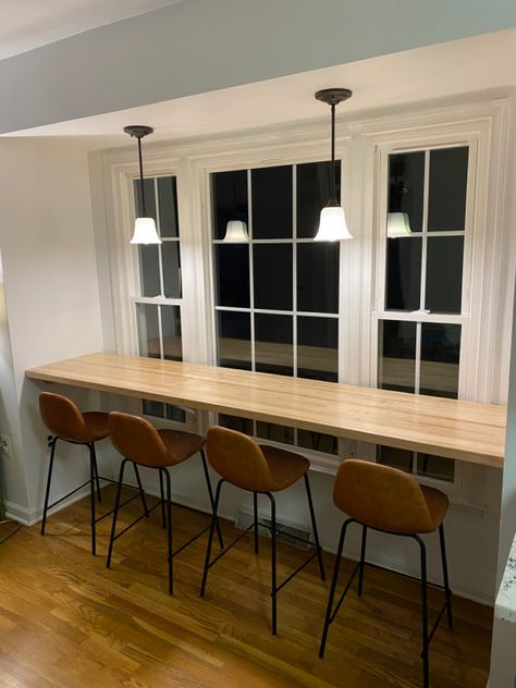 Window Bar Seating Kitchen, Bar Stools With Butcher Block Island, Bar Table In Front Of Window, Bar Seating In Kitchen American, Window Counter, High Top Bar Table Kitchen, Butcher Block Bar Table, Kitchen Bar Counter Wall Ideas, Floating Countertop In Front Of Window