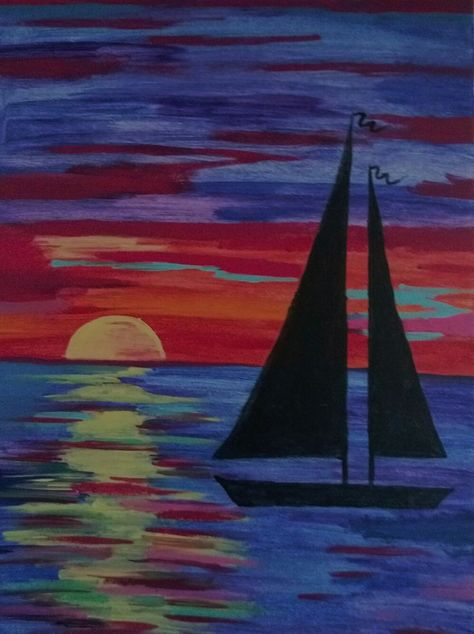 Painting Boat Easy, Ocean Painting With Boat, Painting A Boat, Boat Scenery Painting, Nautical Acrylic Painting Ideas, Boat In Ocean Painting, Sailboat Painting Acrylic Easy, Boat Painting Simple, Sunset Boat Painting