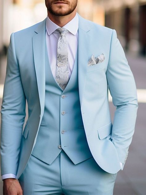 Sky Blue Men's Wedding Suits Solid Colored 3 Piece Daily Business Single Breasted Two-buttons 2024 Blue Colour Suits For Men, Blue Colour Suit, Blue Tuxedo Wedding, Wedding Suits Men Blue, Blue Mens Suit, Sky Blue Suit, Suit For Men Wedding, Light Blue Suit