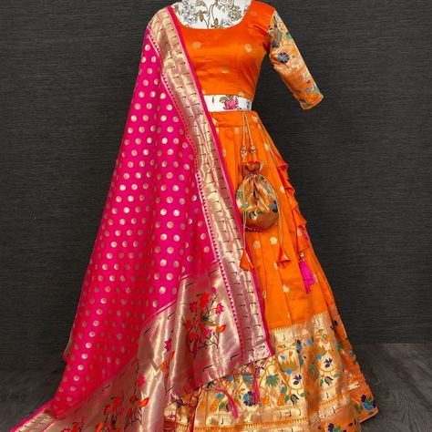 Pearl Lace Border, Paithani Dupatta, Paithani Lehenga, Lehenga Stitched, Half Saree Lehenga, Lehenga Fabric, Stitched Lehenga, Saree Lehenga, Half Saree Designs