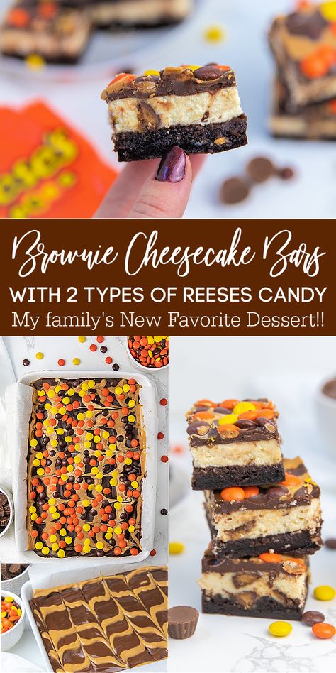 Brownie Types, Chocolate Lovers Dessert, Brownie Cheesecake Bars, Reese's Cheesecake, Reeses Desserts, Peanut Butter Cheesecake Brownies, Cheesecake Brownie Bars, Reeses Cheesecake, Comfort Food Desserts