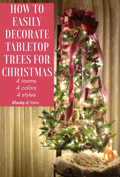 Four Ways to Easily Decorate Tabletop Christmas Trees. Spread Christmas cheer around your home with tabletop trees. Get inspired for using tabletop trees in your Christmas decorating. Use these tips and suggestions to see how easy it is to incorporate smaller trees into your Christmas home decor Table Top Tree Decor, Decorating Table Top Christmas Trees, Table Tree Christmas, Table Top Christmas Tree Ideas, Tabletop Christmas Tree Ideas, Evergreen Bouquet, Tabletop Christmas Trees, Table Top Tree, Magical Decor