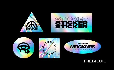 Free 5 Holographic / Rainbow Foil Sticker Mockups - PSD File Sticky Labels, Free Download Photoshop, Hologram Stickers, Holographic Foil, Album Cover Art, Graphic Design Poster, Personalized Stickers, 로고 디자인, Free Mockup