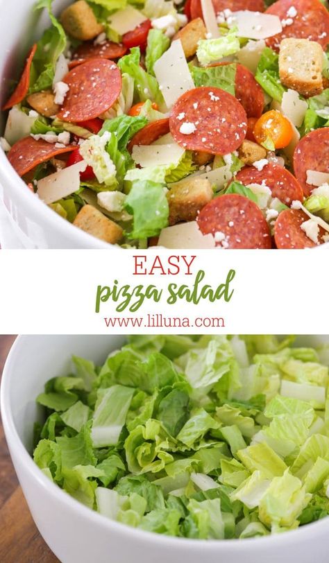 Pizza Salad is hearty & refreshing. All of the flavors of pizza are served on a bed of greens and topped with a homemade herb dressing! #pizzasalad #pizza #salad #saladrecipes Salads Ideas, Italian Salad Recipes, Eating Green, Herb Dressing, Pizza Salad, Italian Salad, Eat Salad, Lifestyle Change, Cannellini Beans