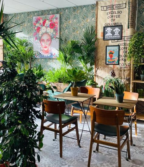 Lots Of Plants, Coffee Shop Interior Design, Colombian Coffee, Coffee Shops Interior, Boho Curtains, Shop Interior Design, Shop Interior, Cafe Restaurant, A Coffee