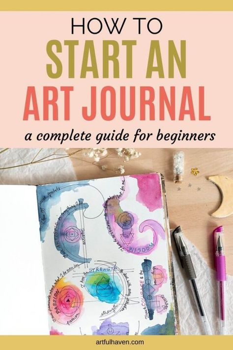 This is a complete, detailed guide for art journaling beginners. So, if you're just starting out, this article can help you pick an art journal, art supplies, and you'll also learn about the benefits of art journaling. #artjournal #artjournaling #startanartjournal Journal Inspiration Quotes, Journal Guide, Kunstjournal Inspiration, Art Journal Challenge, Journal D'art, Journal Challenge, Art Journal Prompts, Art Journal Tutorial, Art Therapy Projects