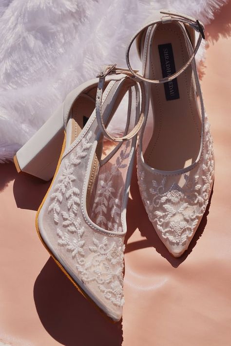 White heels with bead embroidered floral patterned sheer straps. - Aza Fashions Whimsical Wedding Heels, Women’s Wedding Shoes, Vintage Wedding Shoe, Cute Wedding Shoes Brides, Beaded Wedding Shoes, Wedding Shoes Pointed Toe, Wedding Footwear For Bride, Boho Wedding Heels, White Floral Heels