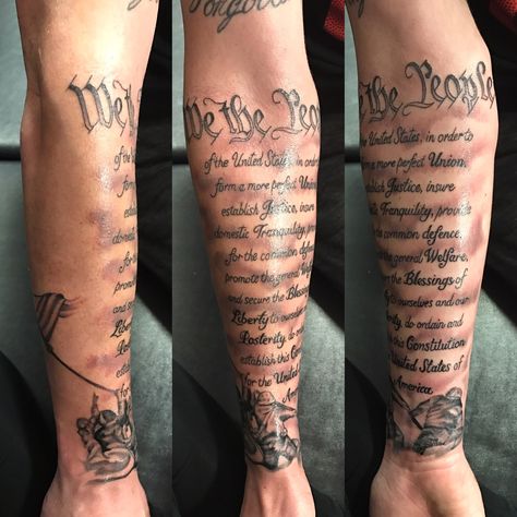 Men's military tattoo Written Arm Tattoos, Constitution Tattoo, Do It Yourself Tattoo, Military Sleeve Tattoo, Usa Tattoo, Tattoo Uk, Christian Sleeve Tattoo, Good Tattoo Quotes, Patriotic Tattoos