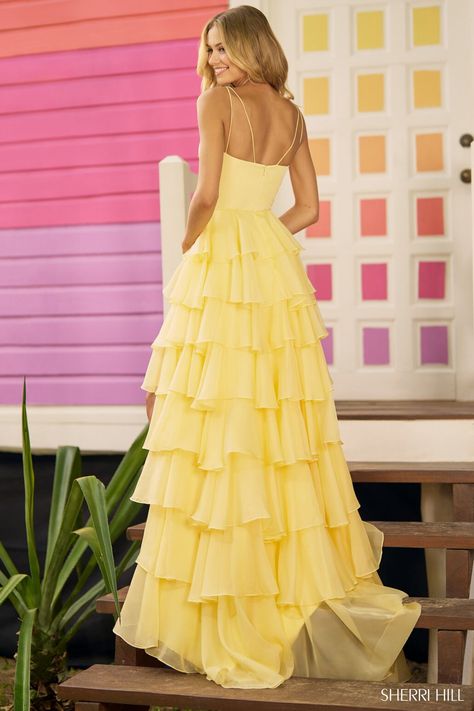 Buy dress style № 56108 designed by SherriHill Sherri Hill Ruffle Dress, Yellow Sherri Hill Prom Dress, Sherri Hill Gowns, Layered Gown, Yellow Prom, Ruffle Prom Dress, Ruffle Gown, Sherri Hill Prom Dresses, Floor Length Prom Dresses