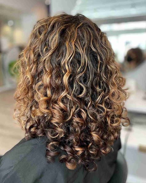 Balayage for Curly Hair: 26 Stunning Ideas Spiral Curly Hair, Curly Balayage Hair, Short Layered Curly Hair, Blonde Highlights Curly Hair, Honey Brown Hair Color, Curly Hair Color, Highlights Curly Hair, Dark Brunette Hair, Honey Brown Hair