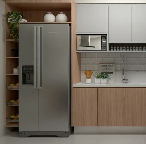 Fridge Tall Cabinet, Side By Side Fridge Kitchen Design, Kitchen Pantry Wall Cabinets With Fridge, Fridge Wall Cabinets, Kitchen Design Fridge Placement, Refrigerator In Kitchen Ideas, Fridge Built In, Fridge Next To Window, Fridge In Cabinet