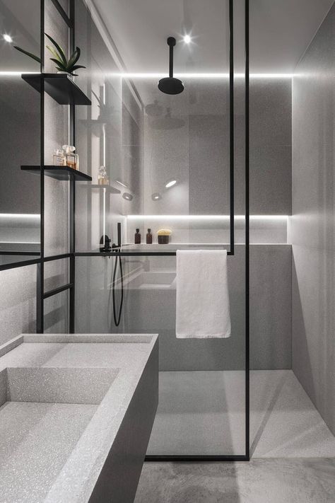 Apartment in Warsaw by Kando Architects Toilet Design Modern, Toilet And Bathroom Design, Condo Bathroom, Bathroom Interior Design Modern, Black And White Bathroom, Small Bathroom Interior, Bathroom Inspiration Modern, Washroom Design, Bathroom Design Inspiration