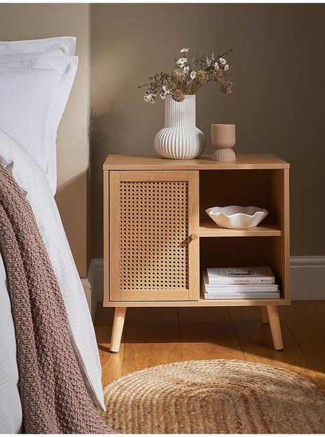 Natural Rattan Cabinet With 1 Door & 1 Shelf | Home | George at ASDA Rattan Bedroom Furniture, Rattan Bedroom, Rattan Cabinet, Rattan Storage, Bedside Table Design, Side Tables Bedroom, Master Room, Room Makeover Bedroom, Wood Home Decor